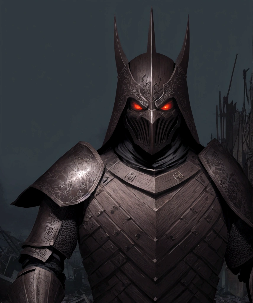(extremely detailed 8k wallpaper), a medium shot photo of Grim dressed as a scary masked wooden-supervillain in a dark brown armour made of dark brown glowing armour from marvel, theme, intricate, high detail, dramatic, woods and destroyed buildings in the background