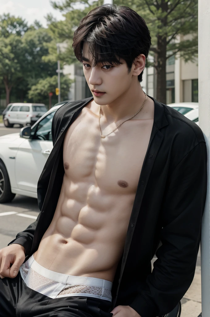 a close up of a person, he stood next to a bigbike motorcycler, bigbike, outsite, topless, shirtless, show sixpack, he wearing white jockstrap or thong underwear, jungkook, hyung tae, very attractive and beautiful, taehyung eating gucci fries, cai xukun, handsome and attractive, attractive and good looking, cant believe it is real, black haired yoongi, official photos, young wan angel, he is about 2 0 years old, he is about 20 years old