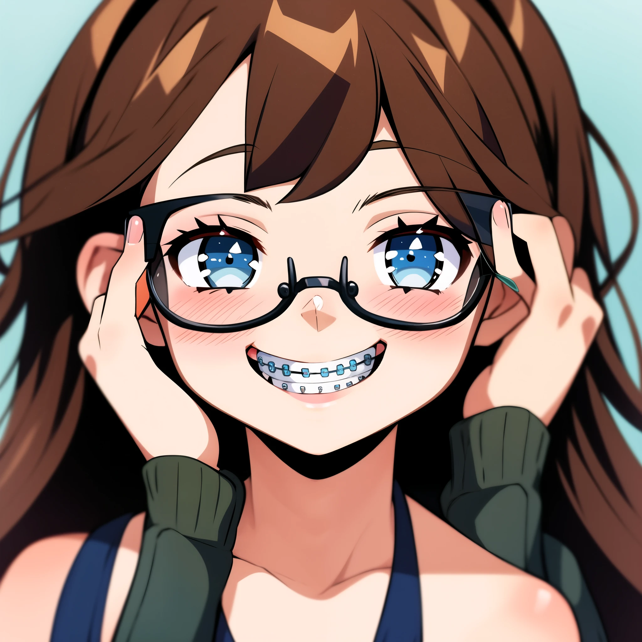 1girl, seductive eyes, braces, glasses, smiling, cute, face focus, blue eyes, blush, brown hair, best quality, masterpiece, highres