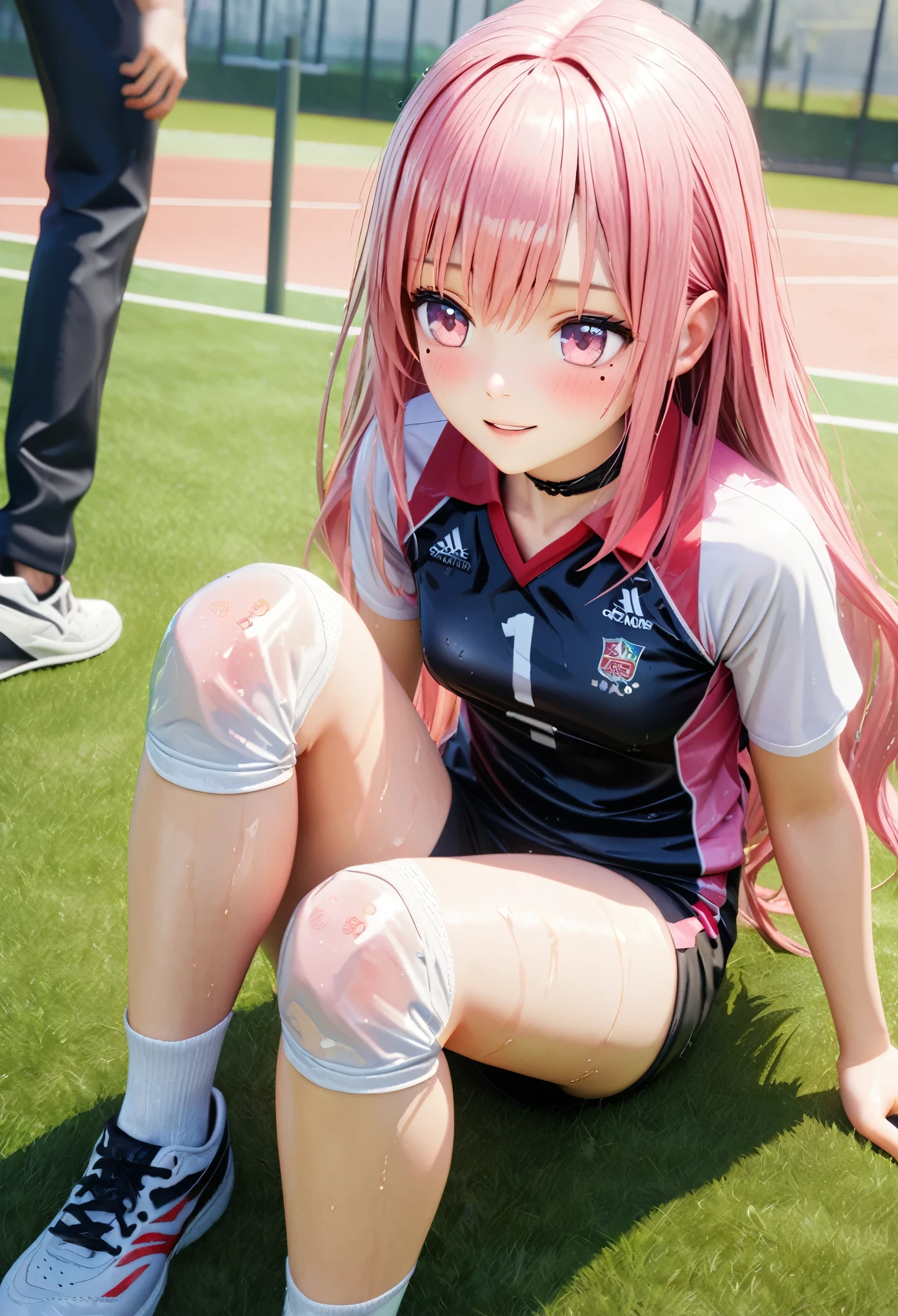 masterpiece, best quality, highly detailed, high resolution, expensive solution, high resolution, 4k, 8k, Unity 8k wallpaper, highly detailed CG, masterpiece, 2d, 3d, beautiful details, depth, fine texture, best quality: 1.3, total concentration, transparent skin, him, very cute anime girl, expensive pink long hair, one girl, volleyball uniform, knee pads on knees, volleyball shoes, on the grass in the schoolyard, it was raining heavily and she was soaking wet. The volleyball uniform was see-through, her hair was soaking wet, smiling long pink hair, full body, on the grass in the schoolyard, heavy rain, mole under eye, gaze, expensive, blush, lips parted, heart, pink eyes, choker