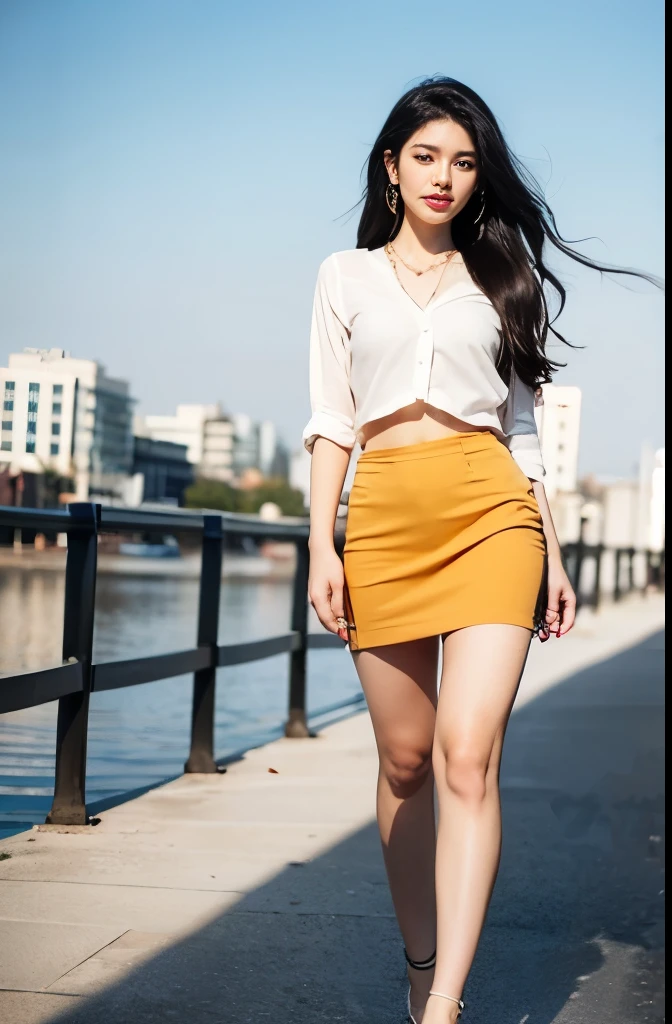 (masterpiece:1.3), (8 thousand, realistic, RAW photos, best quality: 1.4), (1 woman),(short skirt), (shirt), (suit), (양쪽 다리에 짙은색 realistic 팬티 스타킹), (Wearing high heels on both feet), (full body shot), (outdoors in sunny weather), (walking like a model), (Beautiful makeover), (very beautiful body) , (Realistic and very beautiful face), (long eyelashes), (double eyelid), (Very beautiful eyes, realistic and delicate), (big bust) , (Strong body through exercise), (beautiful abs), (Beautiful heaps), (tall), (black hair. parted, long hair:1.3), (아름다운 parted스타일), (realistic and beautiful skin), (absurd), (attractive), (ultra high resolution), (extremely realistic), (very detailed), (golden ratio), (Two long, realistic and beautiful legs), (realistic 팔), (necklace), (earring),(beautiful nails manicure), (So beautiful and sexy), (perfect secretary look)