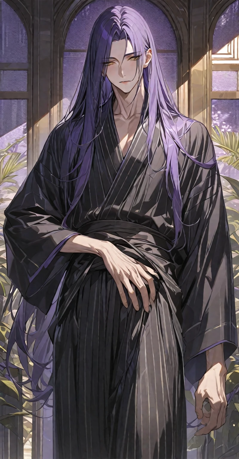 Masterpiece, very detailed, ultra detailed, one, (1 man), 23 old years, A man - he is tall and slender, He's in a simple black kimono with white stripes, He’s super long dark-purple hair To the waist and with bangs, and golden eyes that shine.