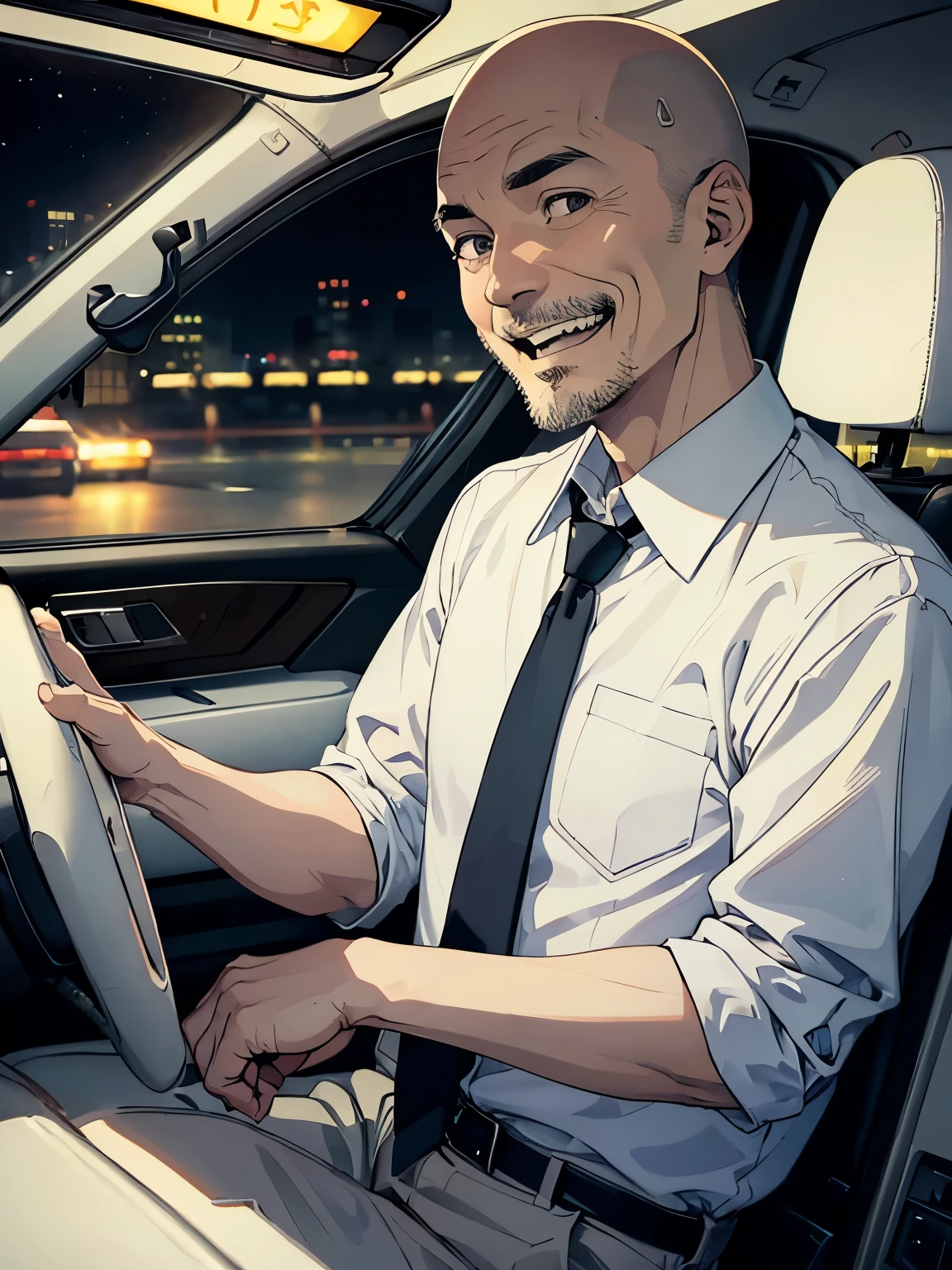 53-year-old taxi driver、laughing、Are thin、Bald、White shirt、tie、Grey slacks、Detailed facial expressions、driving seat、Dark and mysterious atmosphere at night、Angle from the front