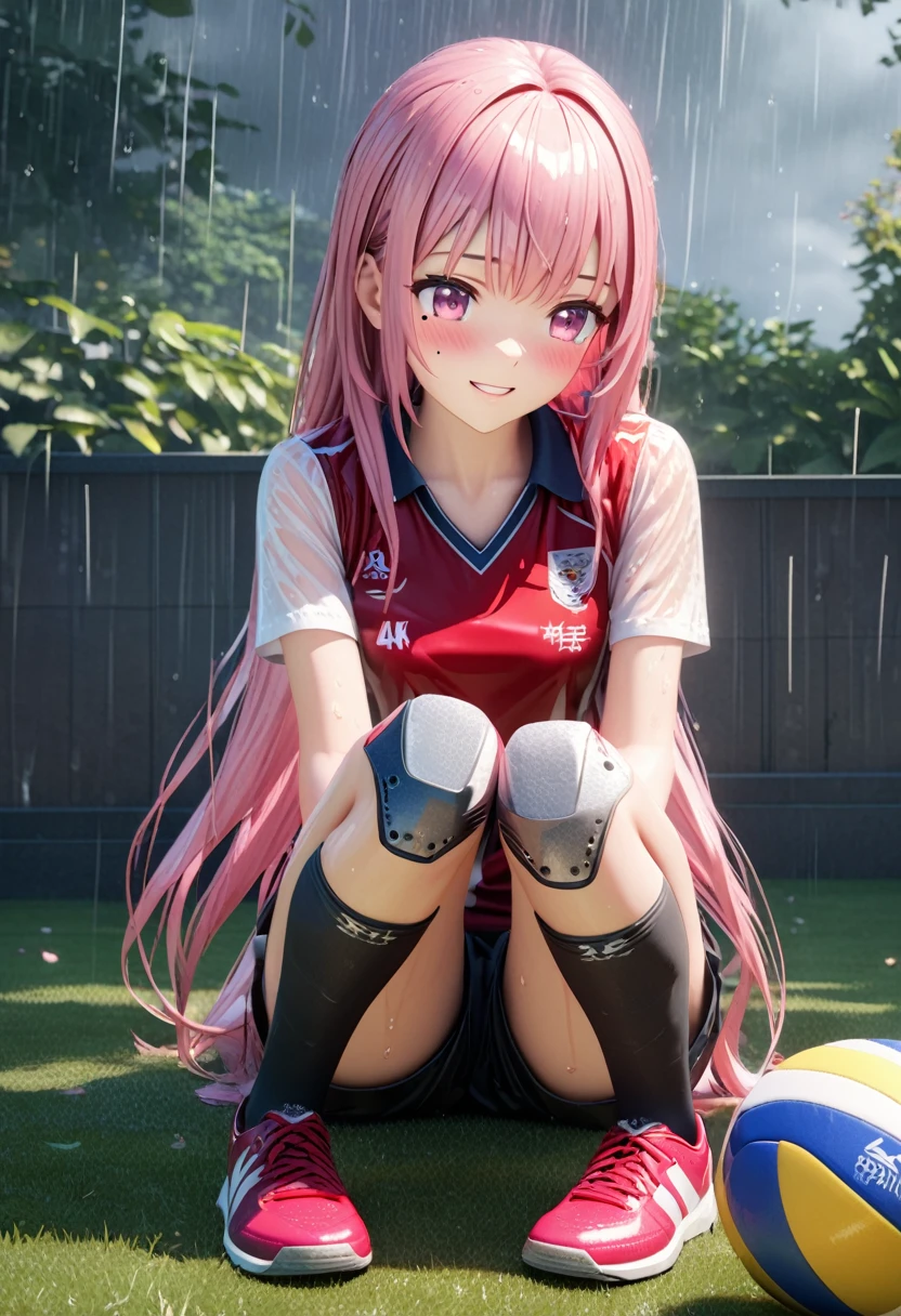 masterpiece, best quality, highly detailed, high resolution, expensive solution, high resolution, 4k, 8k, Unity 8k wallpaper, highly detailed CG, masterpiece, 2d, 3d, beautiful details, depth, fine texture, best quality: 1.3, total concentration, transparent skin, him, very cute anime girl, expensive pink long hair, one girl, volleyball uniform, knee pads on knees, volleyball shoes, on the grass in the schoolyard, it was raining heavily and she was soaking wet. The volleyball uniform was see-through, her hair was soaking wet, smiling long pink hair, full body, on the grass in the schoolyard, heavy rain, mole under eye, gaze, expensive, blush, lips parted, heart, pink eyes, choker