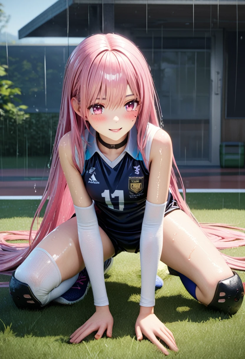masterpiece, best quality, highly detailed, high resolution, expensive solution, high resolution, 4k, 8k, Unity 8k wallpaper, highly detailed CG, masterpiece, 2d, 3d, beautiful details, depth, fine texture, best quality: 1.3, total concentration, transparent skin, him, very cute anime girl, expensive pink long hair, one girl, volleyball uniform, knee pads on knees, volleyball shoes, on the grass in the schoolyard, it was raining heavily and she was soaking wet. The volleyball uniform was see-through, her hair was soaking wet, smiling long pink hair, full body, on the grass in the schoolyard, heavy rain, mole under eye, gaze, expensive, blush, lips parted, heart, pink eyes, choker