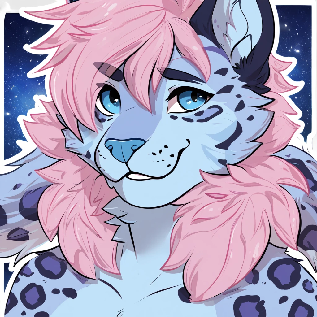 adult, feline, mammal, anthro, anthropomorphic, snow_leopard, striped, fur, striped_feline, fur, furred_anthro, femboy, male, light_pink, fluffy, long_tail, blue_nose, expressive eyes, feline_ears, pink_hair, blue_fur, light_blue_chest, shy, small_pupils, spotted_pattern, stripes, digital_art, high_resolution, high_res, hand-drawn, pencil_lines, head_visible, background, neck_visible, seductive_face, blue_galaxy_background, white_outline, detailed_line_work, profile_picture, head_visible