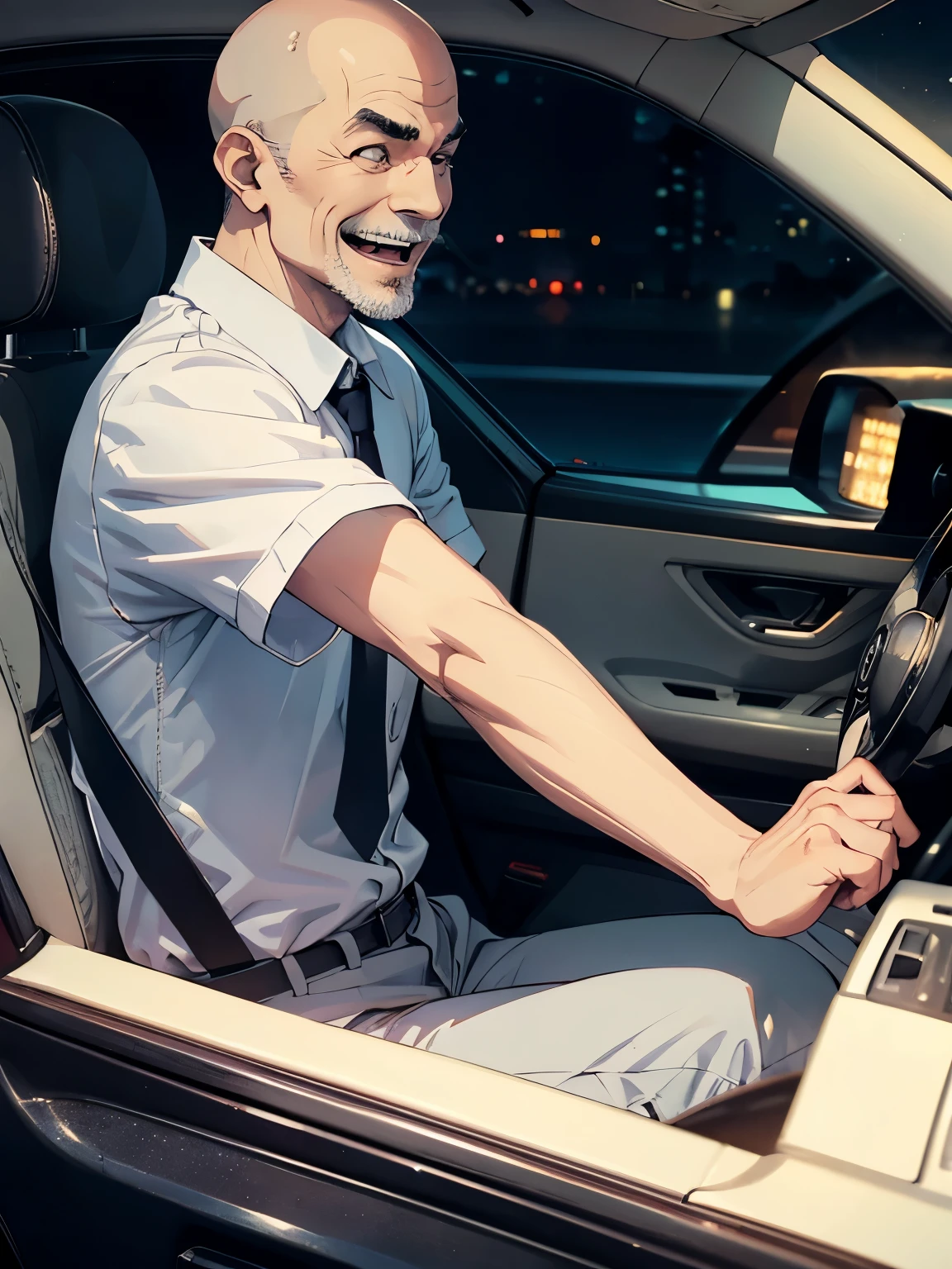 53-year-old taxi driver、laughing、Are thin、Bald、White shirt、tie、Grey slacks、Detailed facial expressions、driving seat、Dark and mysterious atmosphere at night、Angle from the front