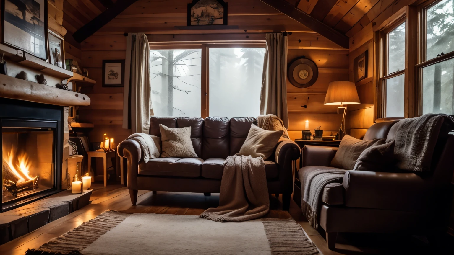 ((best quality)), ((masterpiece)), (detailed), inside a cabin in the woods, couch, cozy, warm, indoors, pot, candle, no humans, wall, window, spring, early morning, fireplace, carpet, rustic