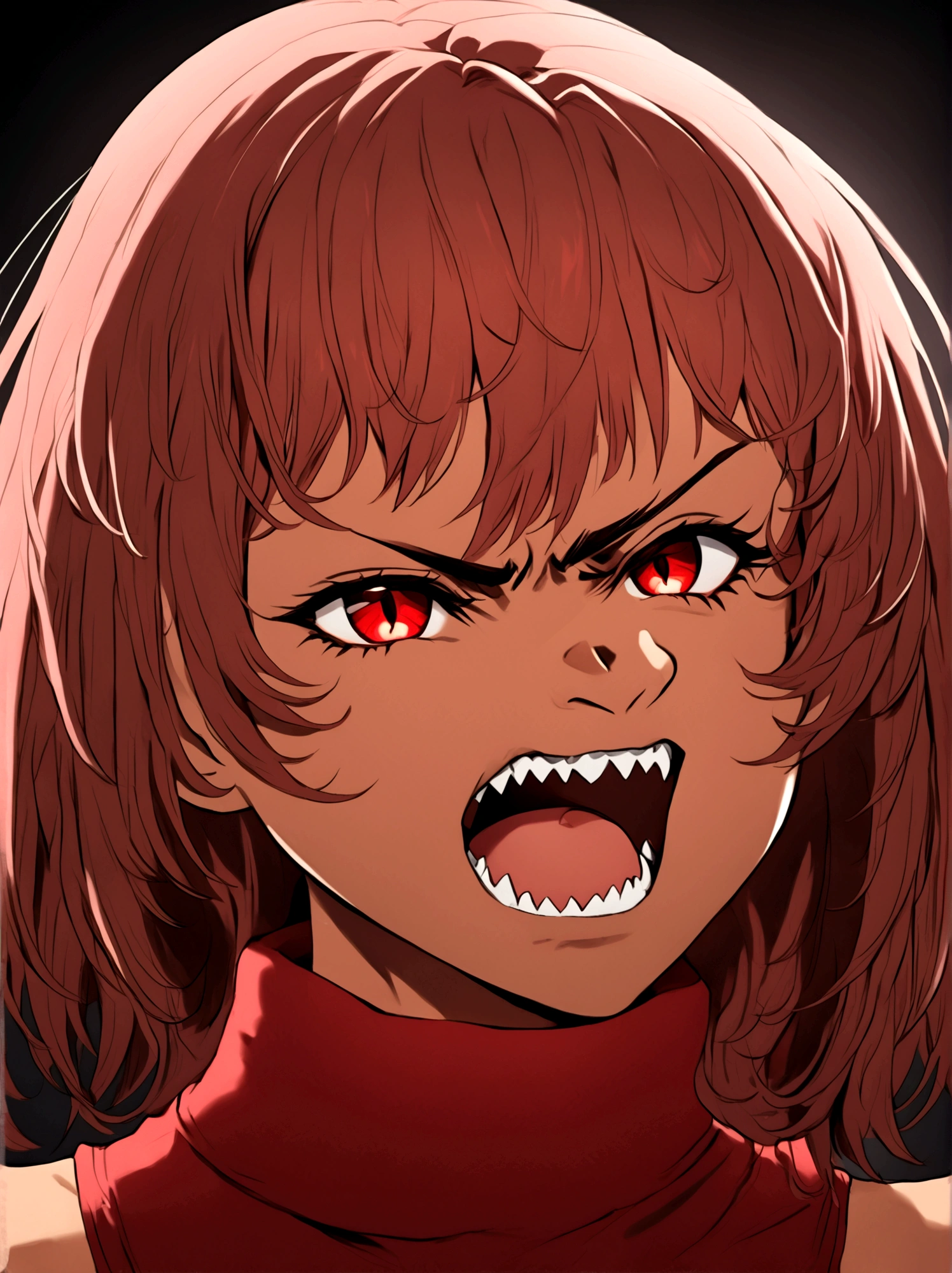 A tall and strong man, BROWN SKIN, crimson eyes, short fluffy hair that is deep red and covering her left eye, Sharp teeth, a bow in her hair, Red eyes, clothing high neck off shoulder t-shirt, very angry and grumpy.