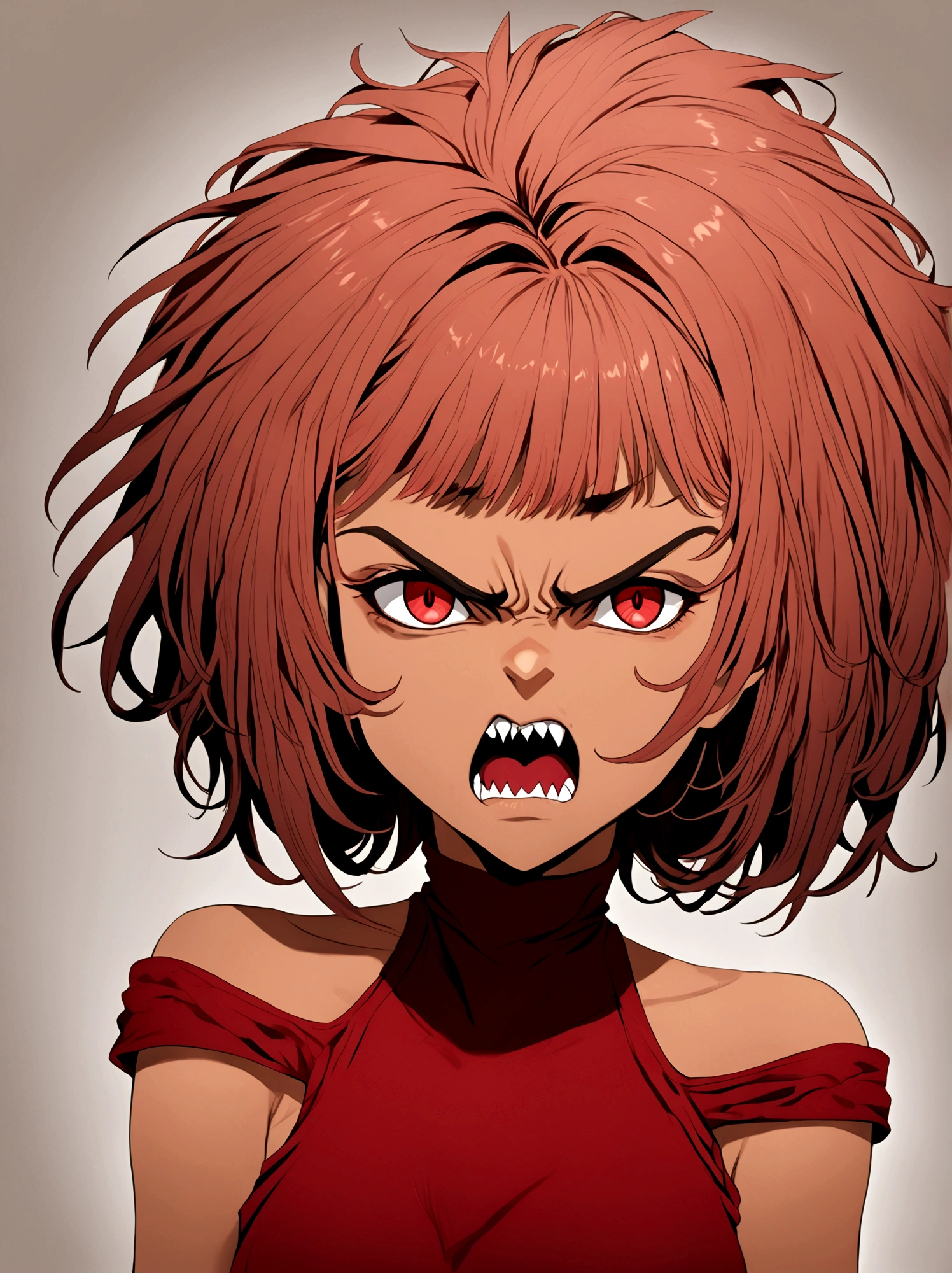 A tall and strong man, BROWN SKIN, crimson eyes, short fluffy hair that is deep red and covering her left eye, Sharp teeth, a bow in her hair, Red eyes, clothing high neck off shoulder t-shirt, very angry and grumpy.