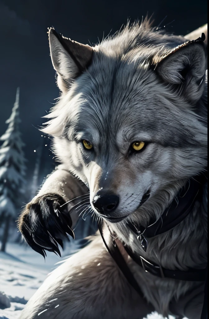 Male thiefin with yellow eyes ambam, has long ears like elves, is wearing cold weather clothing made of gray wolf skins, nails are claws that are used to attack enemies