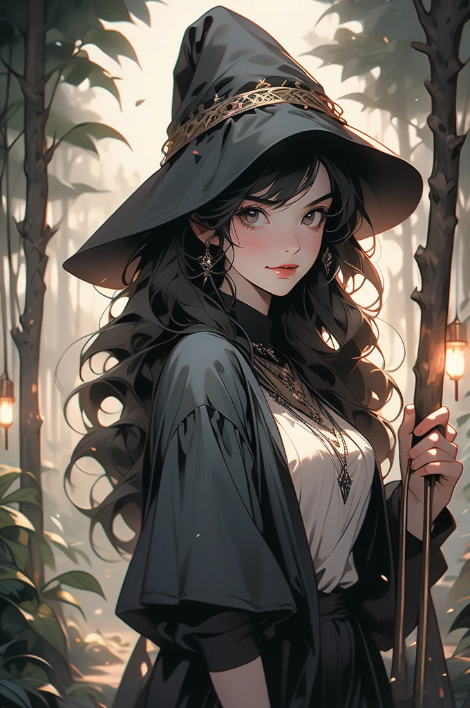 1girl, night, holding a stick, straight black hair, hair fringe, smirk, black jeans, black top, witch's hat, mean, stick over shoulder, farm girl, forest background