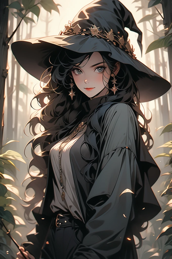 1girl, night, holding a stick, straight black hair, hair fringe, smirk, black jeans, black top, witch's hat, mean, stick over shoulder, farm girl, forest background