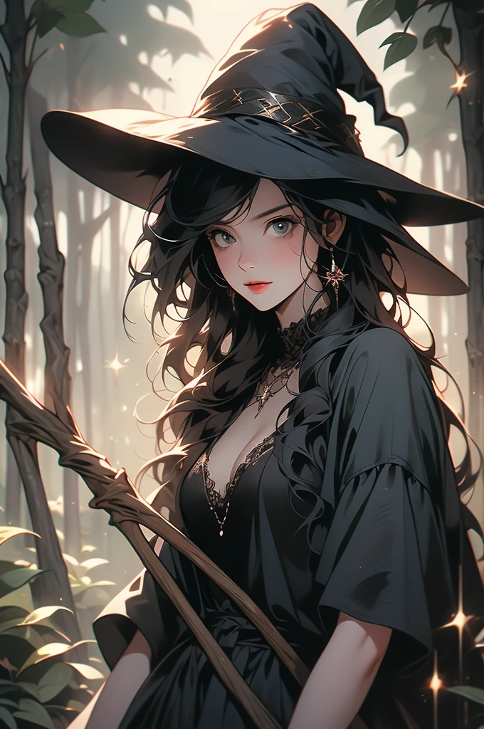 1girl, night, holding a stick, straight black hair, hair fringe, smirk, black jeans, black top, witch's hat, mean, stick over shoulder, farm girl, forest background