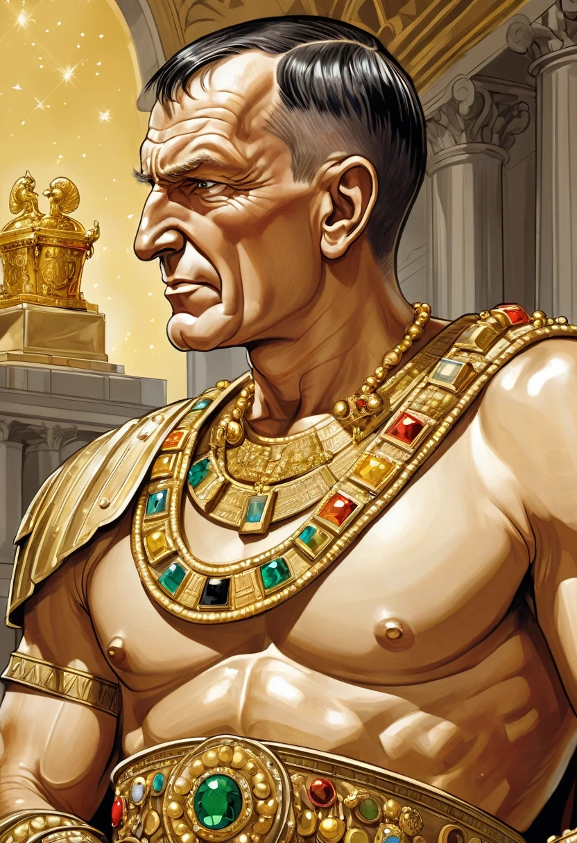 "A detailed caricature of Marcus Licinius Crassus in profile, holding a chest overflowing with gold and jewels. His expression is one of glee, and the background is adorned with symbols of wealth, emphasizing his fortune."
Size: "1024x1024"