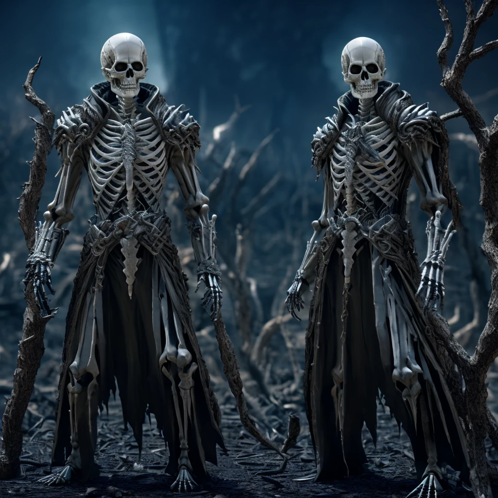 Necromancer commanding souls, A skeleton, black and white, earth from ashes, Dry trees, night. 3d, 4K ultra hd pro.