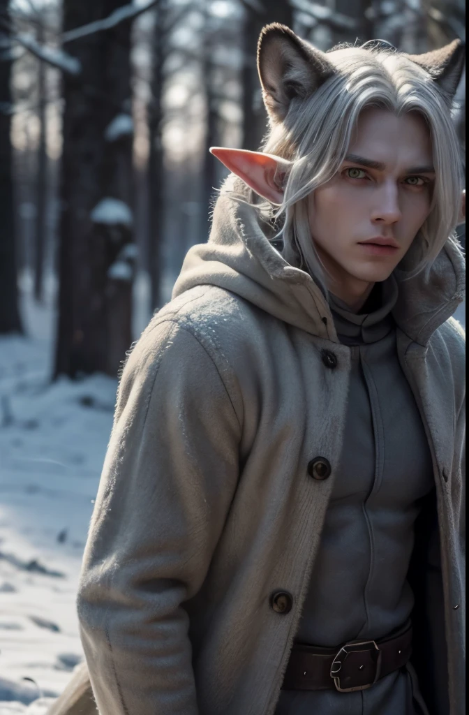 Male thiefin with yellow eyes ambam, has long ears like elves, is wearing cold weather clothing made of gray wolf skins, nails are claws that are used to attack enemies