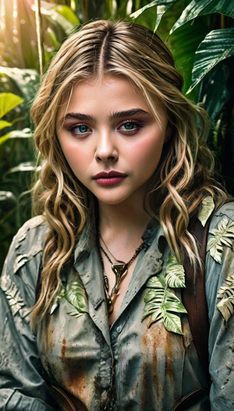 a young woman in a lush jungle, Chloë Grace Moretz, beautiful detailed eyes, beautiful detailed lips, extremely detailed face, long eyelashes, adventurous expression, dirty torn clothes, covered in mud, holding a large knife, vines and foliage surrounding, vibrant colors, natural lighting, photorealistic, cinematic composition, award winning digital art