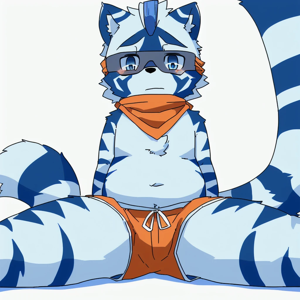 ((small)), ((small body)), ((10 years old)), ((young boy)), ((Furry)), ((kemono)), ((raccoon)), ((male)), ((has a fur in shades of blue and white)). ((The body is covered primarily in a light blue)), ((tail rings are a darker blue)). ((A deep, bright blue eyes)), ((Patterns: The chest and belly are pure white, with dark blue stripes that resemble the pattern of a zebra, but more subtle)). ((Ears: White with light blue tips)). ((Tail: The tail has alternating rings of light blue and dark blue)). ((Accessories: wears an orange bandana around his neck)), ((one subject)), ((1 character)), ((anime style)), ((simple white background)), ((orange shorts with white stripes)), ((sitting)), ((legs apart)), ((ashamed))