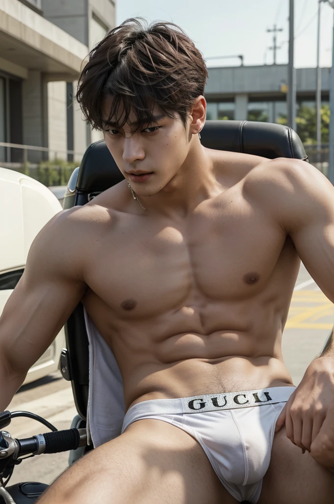 a close up of a person, driving bigbike motorcycler, bigbike, outsite, topless, shirtless, show sixpack, he wearing white jockstrap or thong underwear, jungkook, hyung tae, very attractive and beautiful, taehyung eating gucci fries, cai xukun, handsome and attractive, attractive and good looking, cant believe it is real, black haired yoongi, official photos, young wan angel, he is about 2 0 years old, he is about 20 years old