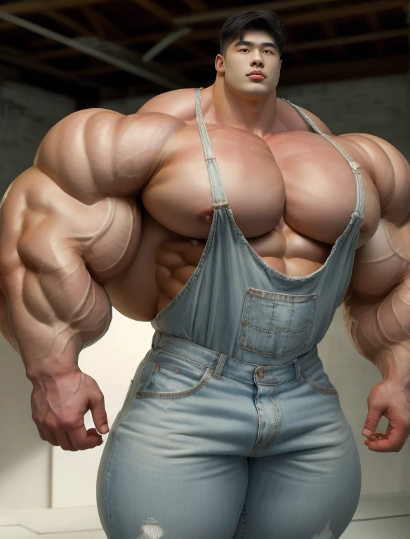 1 asian boy, giant, alone, giant bodybuilder, illuminating light, strong body, bulk, large size, staring, standing in white photo studio, indoor, nude, white tanktop & jean pants, thick bulge, extraordinary big, brutalmass, giant muscular body, bulk, buff, massive body, large meaty body size, extremely wide body