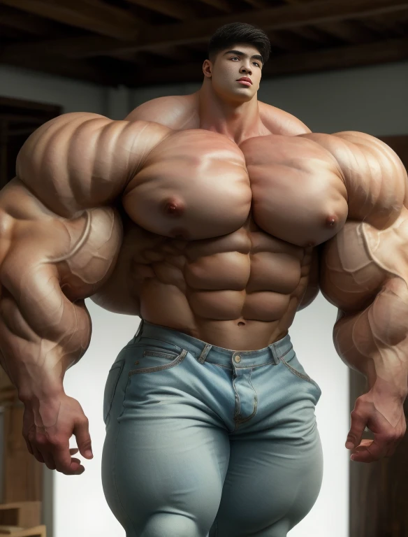 1 asian boy, giant, alone, giant bodybuilder, illuminating light, strong body, bulk, large size, staring, standing in white photo studio, indoor, nude, white tanktop & jean pants, thick bulge, extraordinary big, brutalmass, giant muscular body, bulk, buff, massive body, large meaty body size, extremely wide body