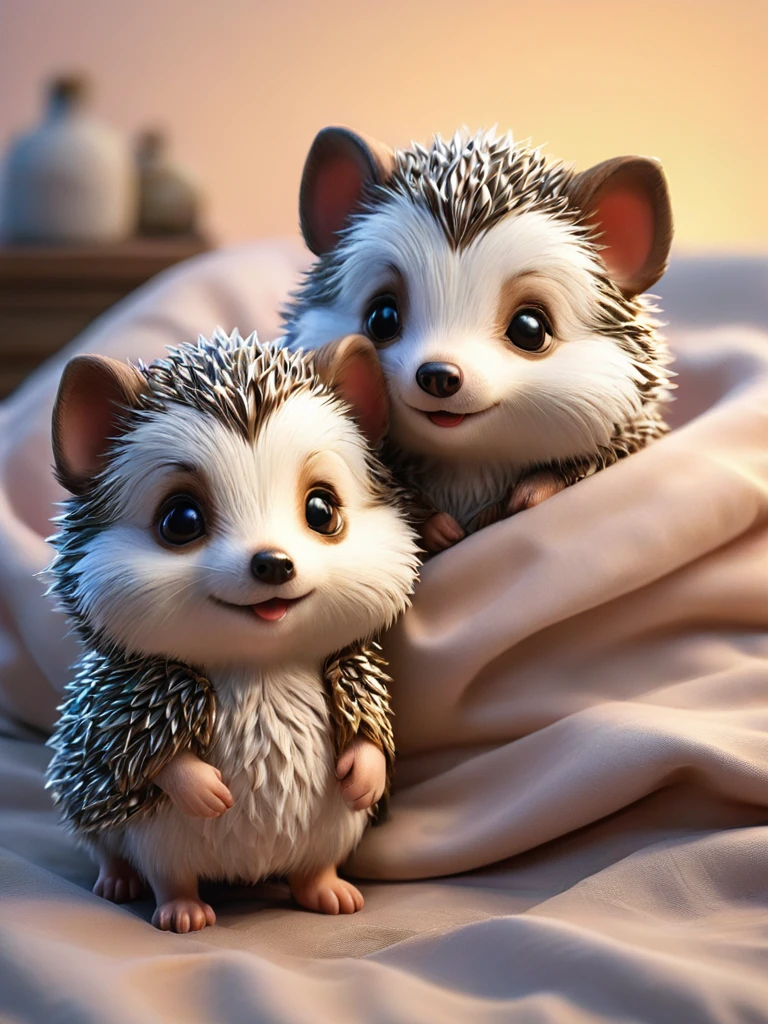 With the sunset in the background,(masterpiece:1.2, high quality), Several baby hedgehogs sleeping together in bed、