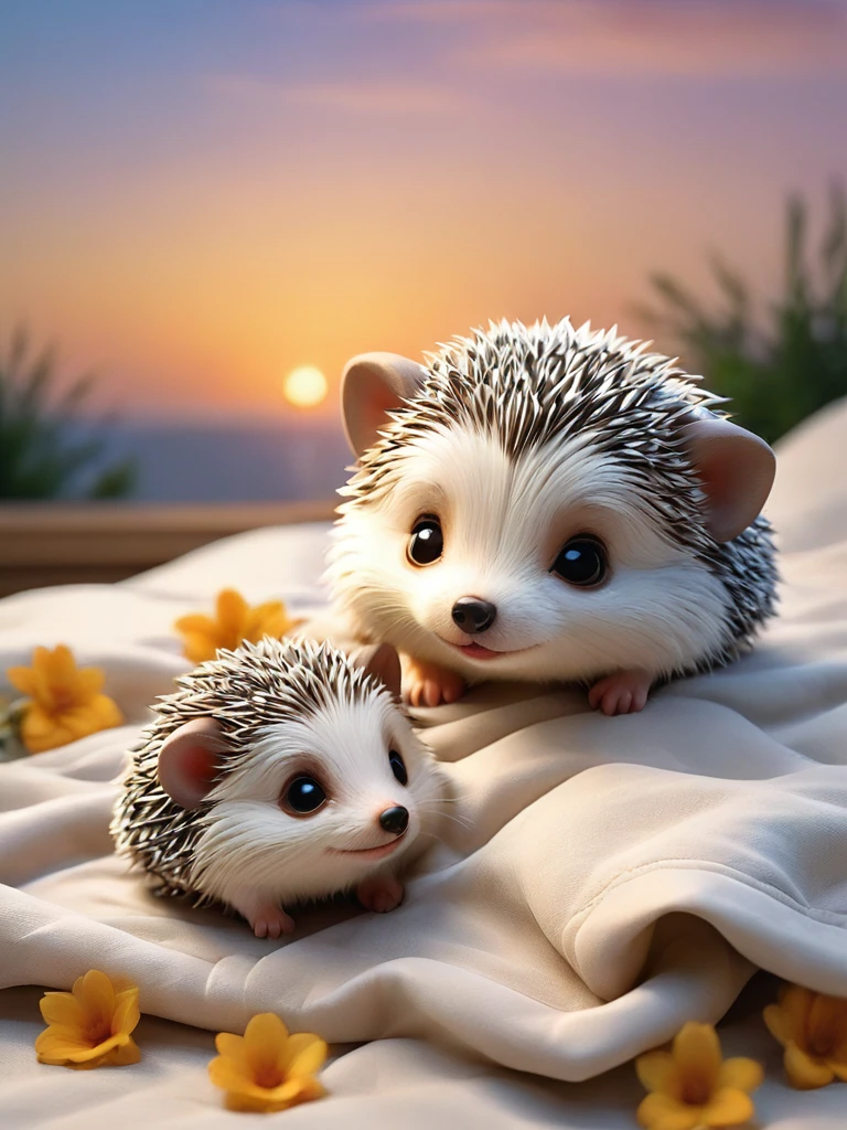 With the sunset in the background,(masterpiece:1.2, high quality), Several baby hedgehogs sleeping together in bed、
