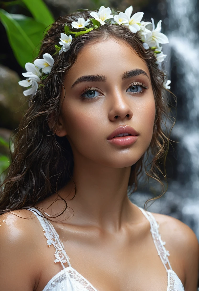 8k, beautiful mixed girl with wet long slightly wavy hair, clear grey eyes, beautiful detailed eyes, beautiful detailed lips, extremely detailed face and eyes, long eyelashes, sweet chest, beautiful white lace outfit, Under a waterfall, A flower in the mouth, Hold your hair, Backache, lots of plants, Rocks, Nature, (best quality,4k,8k,highres,masterpiece:1.2), ultra-detailed,(realistic,photorealistic,photo-realistic:1.37),portrait,landscape,vivid colors,bokeh