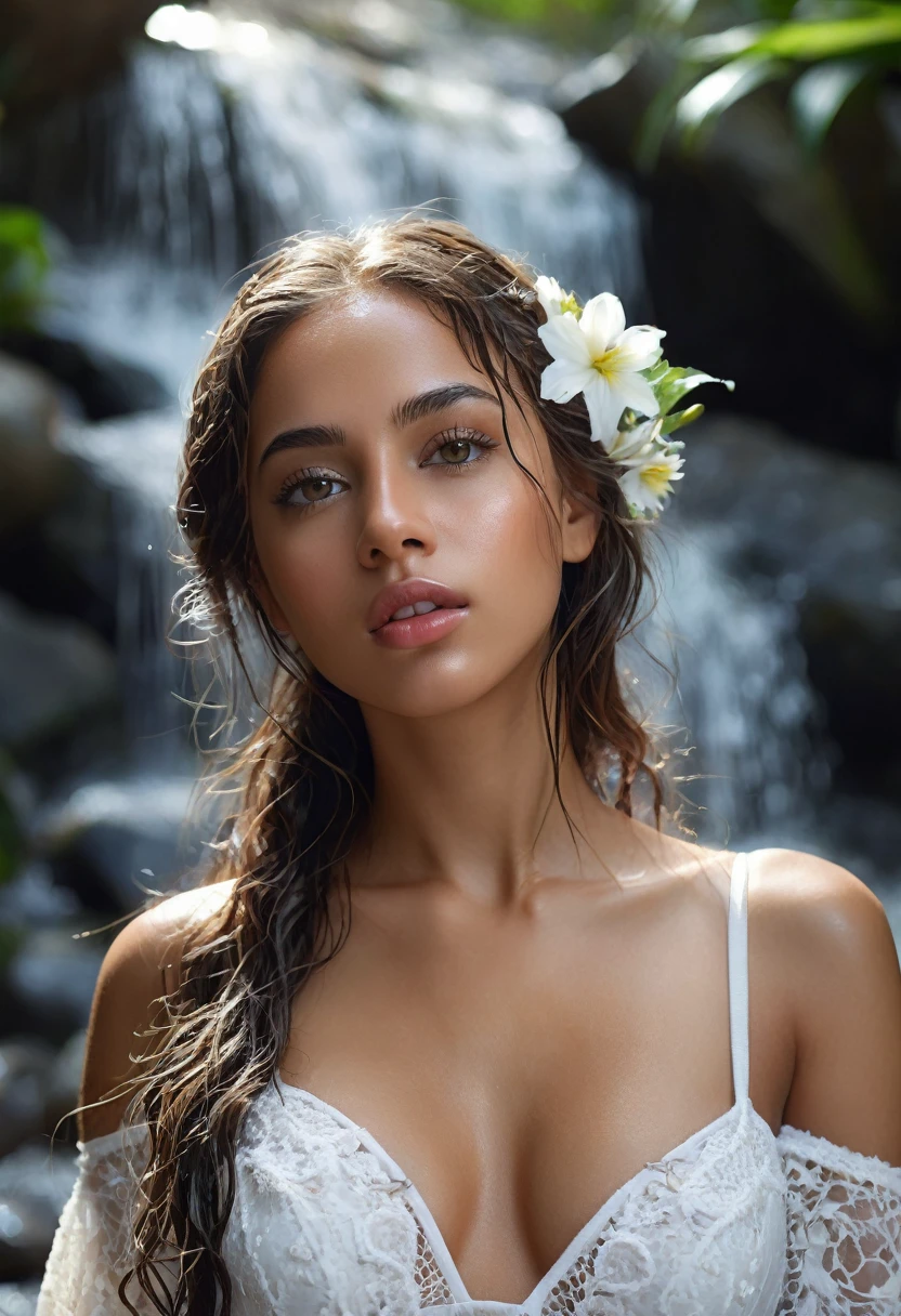 8k, beautiful mixed girl with wet long slightly wavy hair, clear grey eyes, beautiful detailed eyes, beautiful detailed lips, extremely detailed face and eyes, long eyelashes, sweet chest, beautiful white lace outfit, Under a waterfall, A flower in the mouth, Hold your hair, Backache, lots of plants, Rocks, Nature, (best quality,4k,8k,highres,masterpiece:1.2), ultra-detailed,(realistic,photorealistic,photo-realistic:1.37),portrait,landscape,vivid colors,bokeh