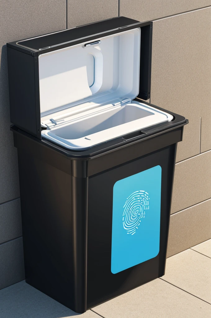 A waste container with a fingerprint sensor (creative)