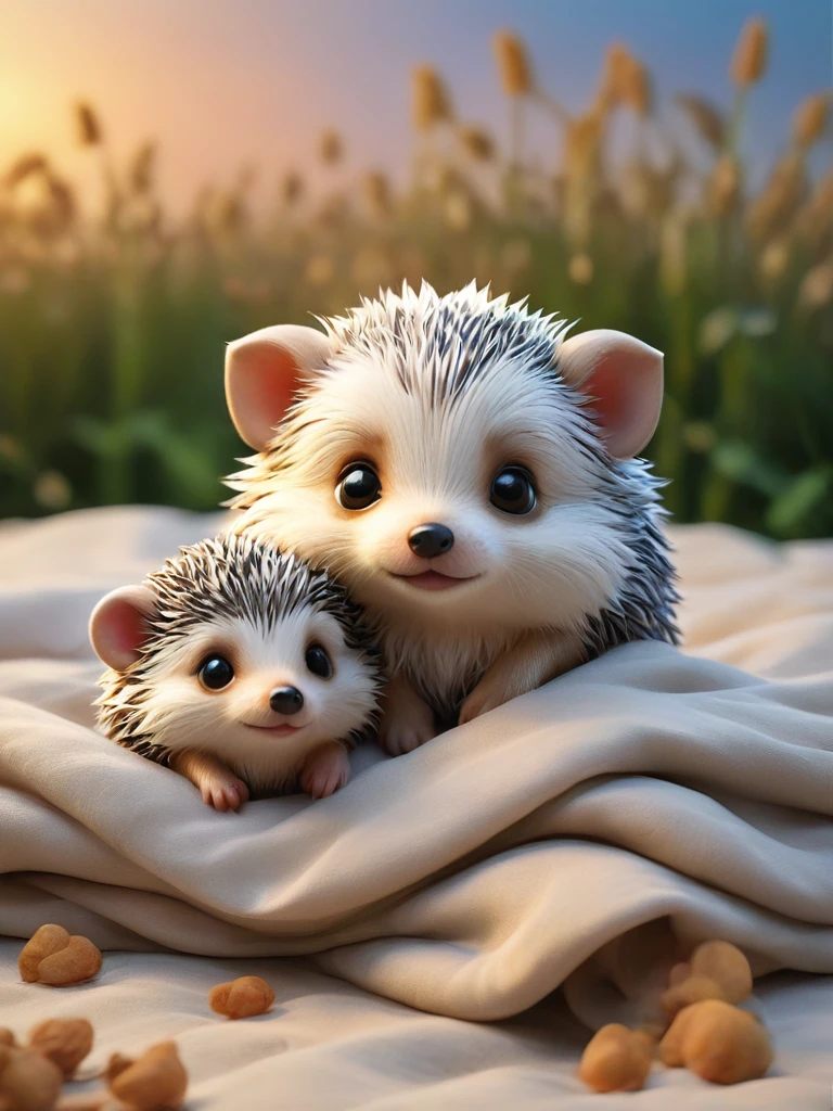 With the sunset in the background,(masterpiece:1.2, high quality), Several baby hedgehogs sleeping together in bed、