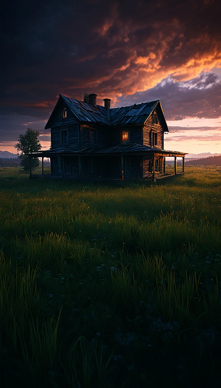 {{Masterpiece, Best Quality, Extremely detailed CG, unity wallpaper 8k, cinematic lighting}}, dark sky, abandoned country house, meadow during sunset