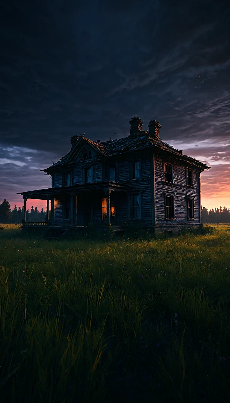 {{Masterpiece, Best Quality, Extremely detailed CG, unity wallpaper 8k, cinematic lighting}}, dark sky, abandoned country house, meadow during sunset