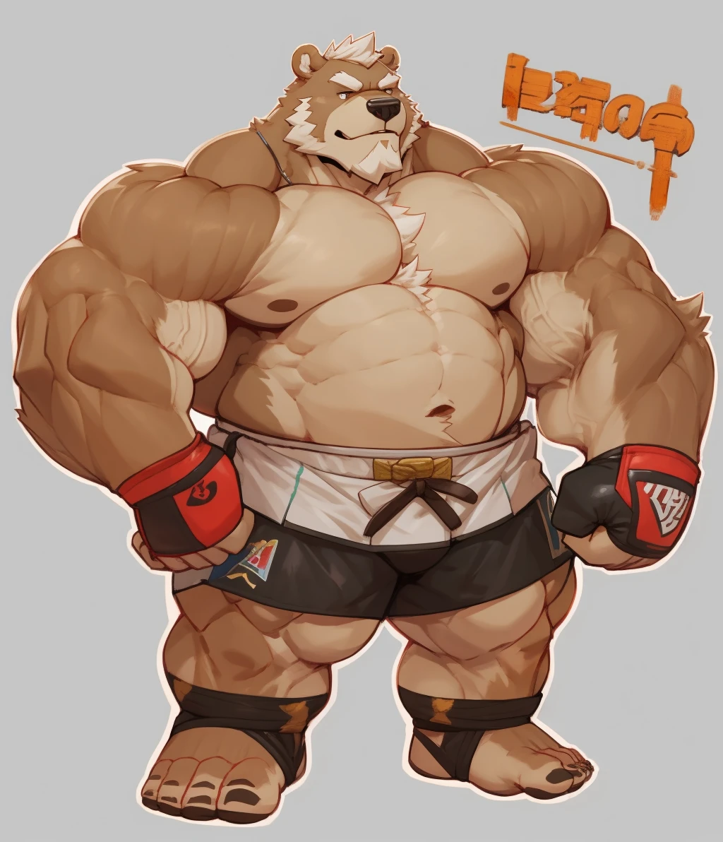 solo, 1boy, Huge Muscular Old Grizzly Bear wearing kickboxing MMA belt , thick pectoral, thick arms, huge pectoral, wide pectoral, hige brown fur, short white hair, Kickboxing MMA shorts, kickboxing MMA gloves, Kickboxing MMA Footwear 5 toes and shirtless, bearded, Kickboxing Martial Arts Cage Tournament background, masterpiece, semirealistic:1.2, high detailed, 8k, high resolution,  flexes his biceps