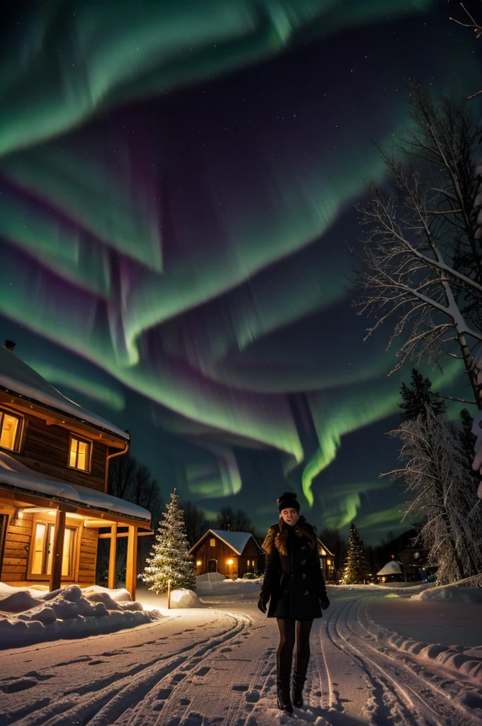 winter night,snowy village landscape,Aurora borealis. Full body photo of a beautiful ultra hot European woman,by rubio, she is a playmate, men's magazine template. flirt with the camera. lace pantyhose,Random color,(((long wool sweater))),perfect focus, depth of field. perfect anatomy, Perfect eyes, perfect hands, perfect body, perfect hair, perfect chest, necessary, UHD, retina, Masterpiece, anatomically correct, textured skin, super detail, High details, high quality, awarded, Best Quality, high resolution, 16k, 8k