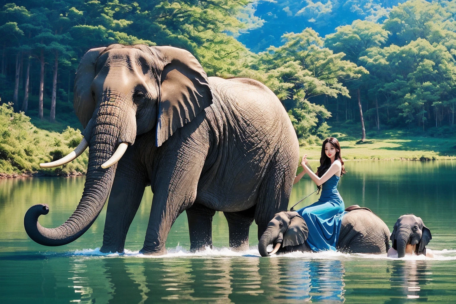 Highest quality　masterpiece　Photo style　Beautiful woman and elephant get along　Real　Fantasy　lake