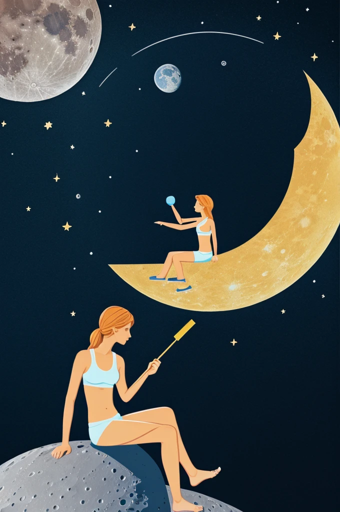 Stick figure person sitting on top of the moon with feet crossed eating a lemonade