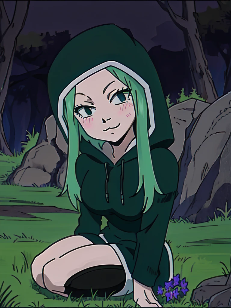 (outside, jungle, rainning, evening, soft light, dim lit, moody vibe), (insanely detailed, beautiful detailed face, masterpiece, best quality), mature female, white hair, blue eyes, jungle clothes, exploration clothes1girl, solo, animal ears, green hair, tail, cat ears, green eyes, skirt, thighhighs, green nails, cat tail, black background, hood, blush, hoodie, looking at viewer, simple background, smile, :3, cat mouth, spiral eyes, green skirt, green thighhighs, green hoodie, pleated skirt, breasts, long sleeves, hood down, green theme, animal ear legwear, nail polish, green tail, cowboy shot, long hair, cat girl, closed mouth, drawstring, outdoors, forest, grass, sitting in grass, flowers, shrine,fairy tail style
 , Shink4wa