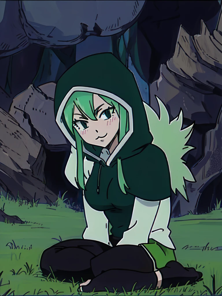 (outside, jungle, rainning, evening, soft light, dim lit, moody vibe), (insanely detailed, beautiful detailed face, masterpiece, best quality), mature female, white hair, blue eyes, jungle clothes, exploration clothes1girl, solo, animal ears, green hair, tail, cat ears, green eyes, skirt, thighhighs, green nails, cat tail, black background, hood, blush, hoodie, looking at viewer, simple background, smile, :3, cat mouth, spiral eyes, green skirt, green thighhighs, green hoodie, pleated skirt, breasts, long sleeves, hood down, green theme, animal ear legwear, nail polish, green tail, cowboy shot, long hair, cat girl, closed mouth, drawstring, outdoors, forest, grass, sitting in grass, flowers, shrine,fairy tail style
 , Shink4wa