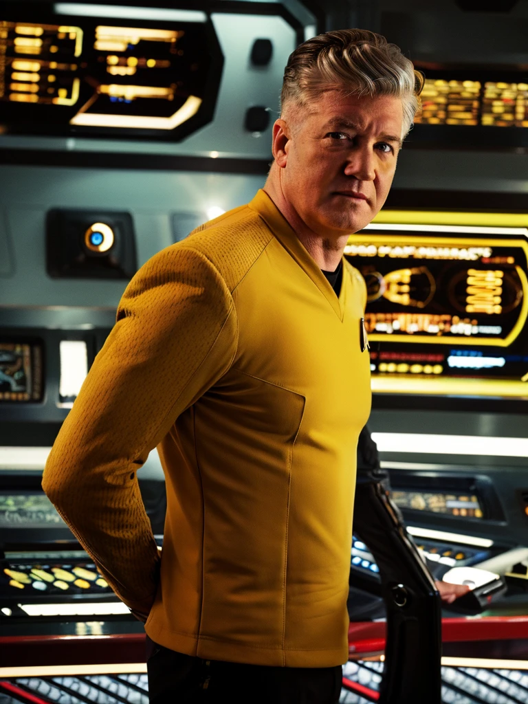 David Lynch in yellow stsnwunf uniform,on starship bridge,