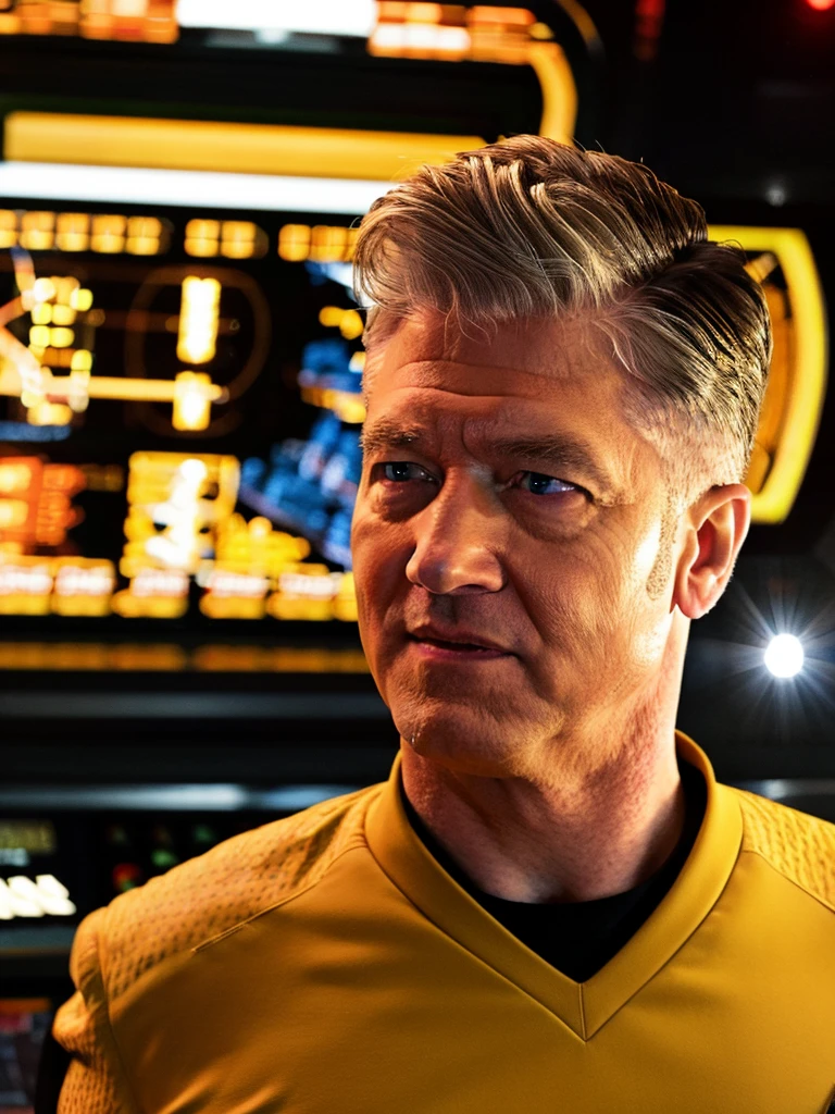 David Lynch in yellow stsnwunf uniform,on starship bridge,