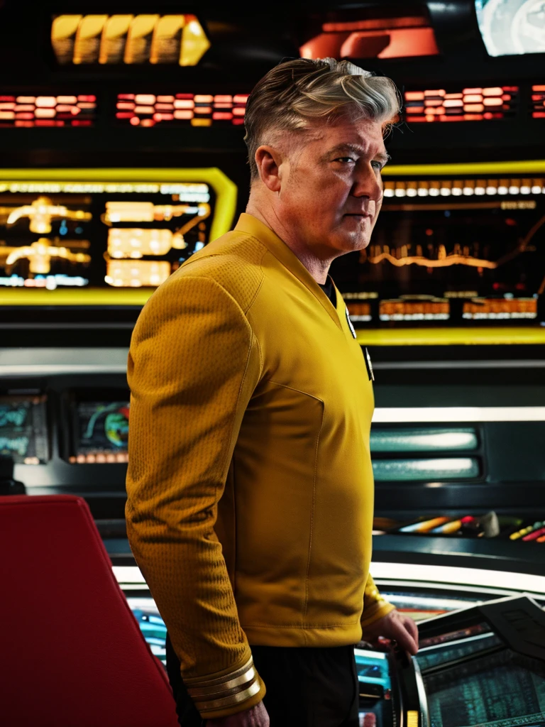 David Lynch in yellow stsnwunf uniform,on starship bridge,