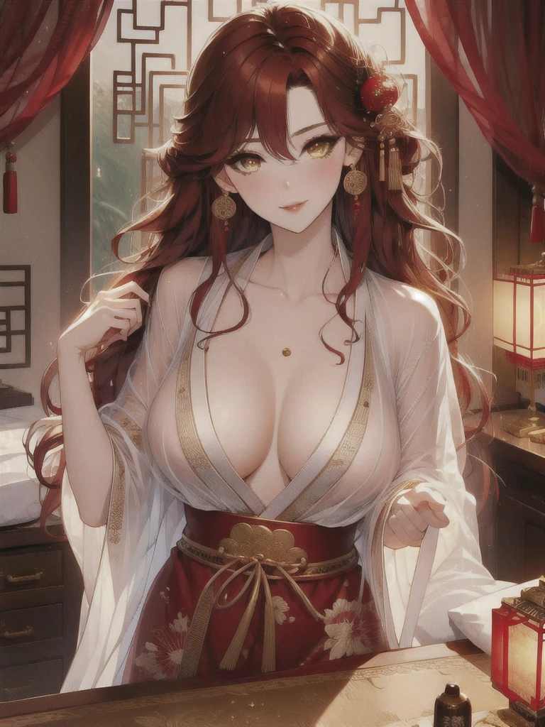 (masterpiece, best quality:1.2), 1women, xian mei, solo golden eyes, long red curly hair, jewellery, perfect anatomy, chinese traditional room, nudity, nude, sexy, hot, night, starry sky, night beautiful sky, shining stars, hentai breast holding (sex position), sex, doggystyle, 1 girl: hands up, standing on one leg, standing sex