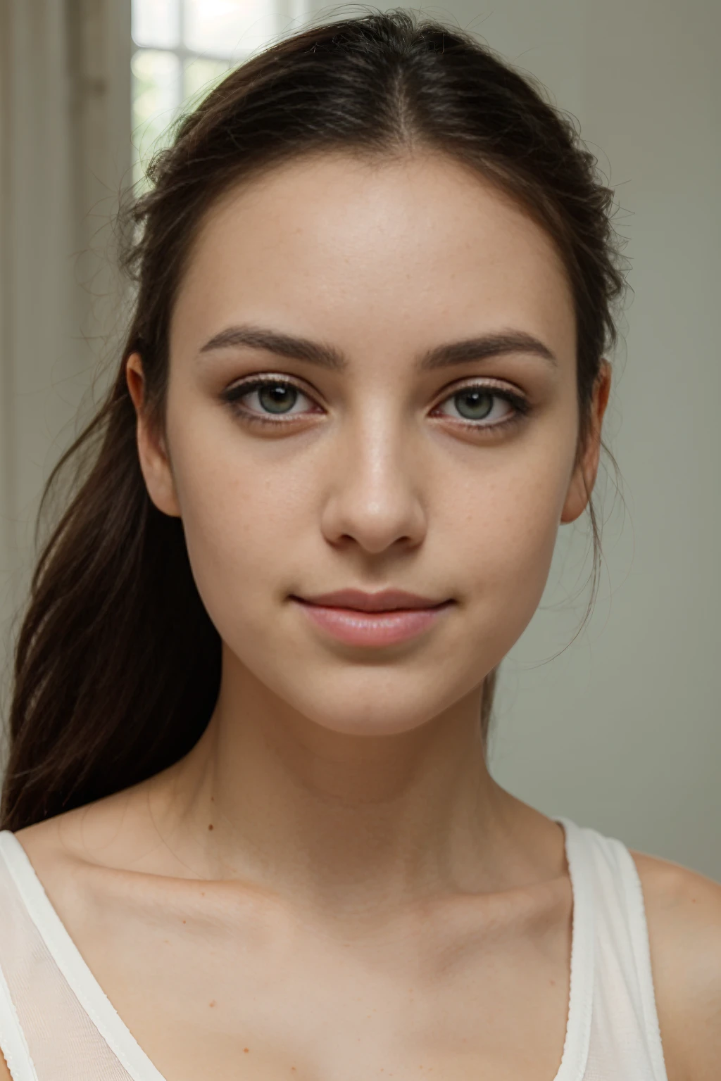 A beautiful and beautiful Mexican woman with very white, very white skin, prominent cheekbones, slender face, some freckles on her face, oval-shaped face, black hair, wide and smooth forehead, arched black eyebrows, light green eyes and expressive, a straight and delicate nose, pink and full lips that curve a charming smile, She is 20 years old, but the photo is a little further away and looking straight at the face
