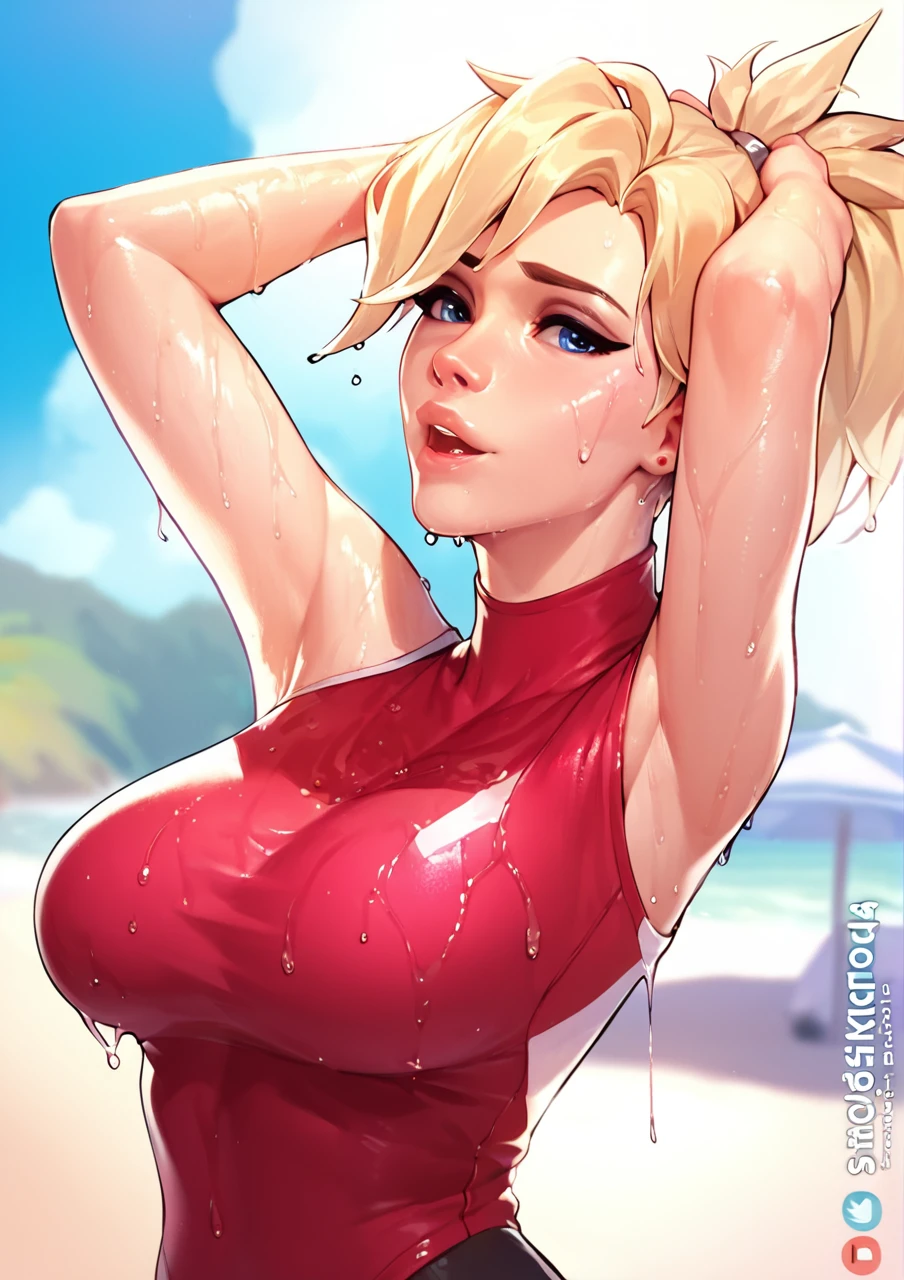 score_9,score_8_up,score_7_up,score_6_up ,source_overwatch score_9, score_8_up, score_7_up,  1woman, solo, mercy \(overwatch\), high quality, at the beach, completely wet, wet hair