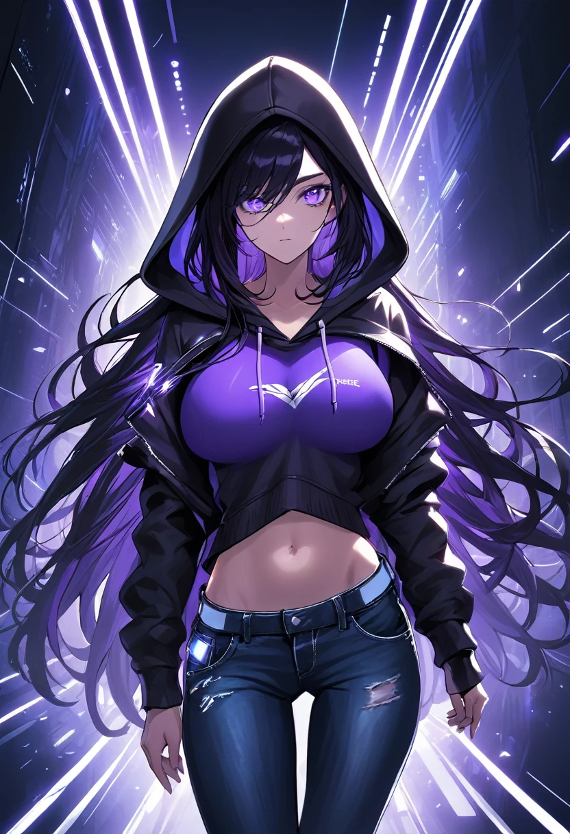 (masterpiece:1.37), best quality, (extremely detailed:1.37), woman, (very long hair:1.5), dark purple hair, purple eyes, (extremely detailed eyes:1.37), large breasts, hoodie, jeans, open fly, cleavage, navel, futuristic, neon lighting, high-tech