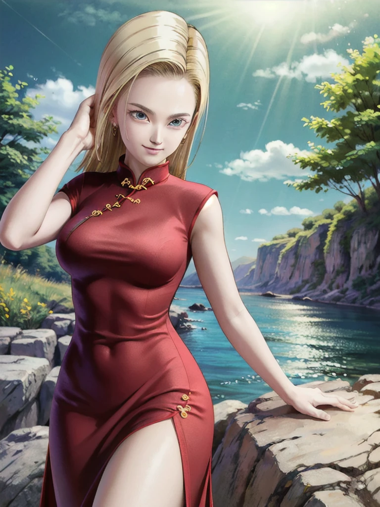 android 18,blonde hair,(((Long Straight Hair))), blue eyes, ((Long Slit Red cheongsam)), Red sexy cheongsam, Red , (Big Breasts), looking at the audience,face smile,close-up, portrait, river,rock, ,tree,blue sky,high quality,masterpiece,sexy body, 8K resolution, clean detailed faces,