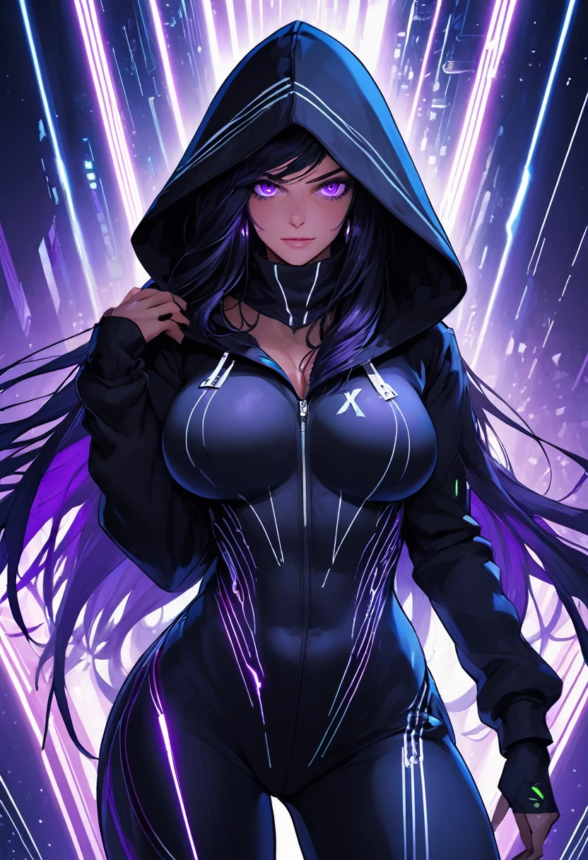 (masterpiece:1.37), best quality, (extremely detailed:1.37), woman, (very long hair:1.5), dark purple hair, purple eyes, (extremely detailed eyes:1.37), large breasts, hoodie, jeans, open fly, cleavage, navel, futuristic, neon lighting, high-tech