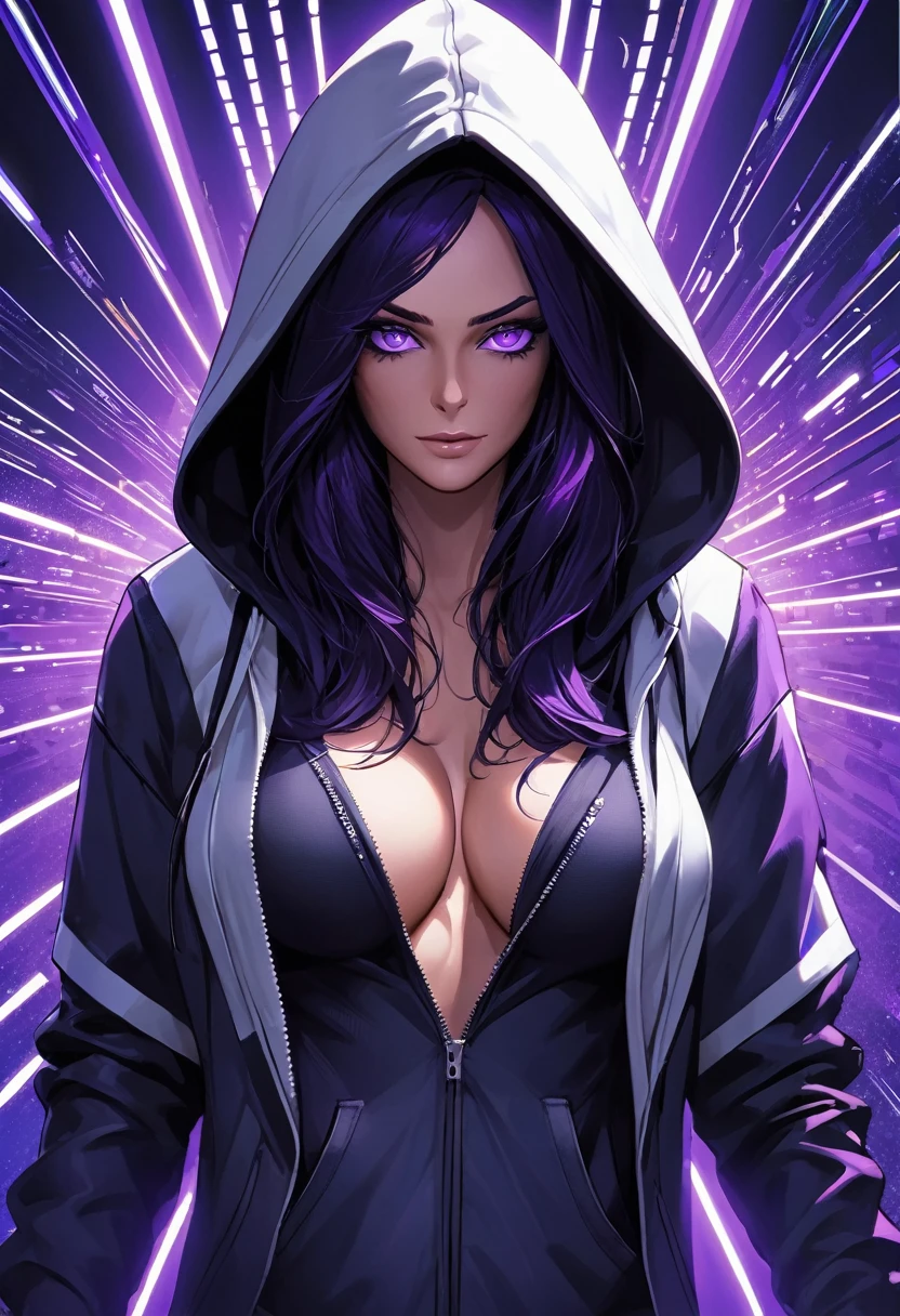(masterpiece:1.37), best quality, (extremely detailed:1.37), woman, (very long hair:1.5), dark purple hair, purple eyes, (extremely detailed eyes:1.37), large breasts, hoodie, jeans, open fly, cleavage, navel, futuristic, neon lighting, high-tech